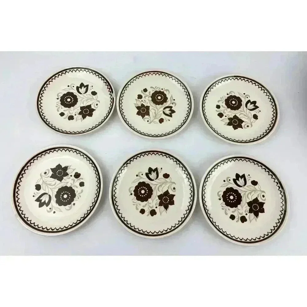 VTG Set of 6 1970's Floral Dessert Plate Brown‎ Tan Flowers 6